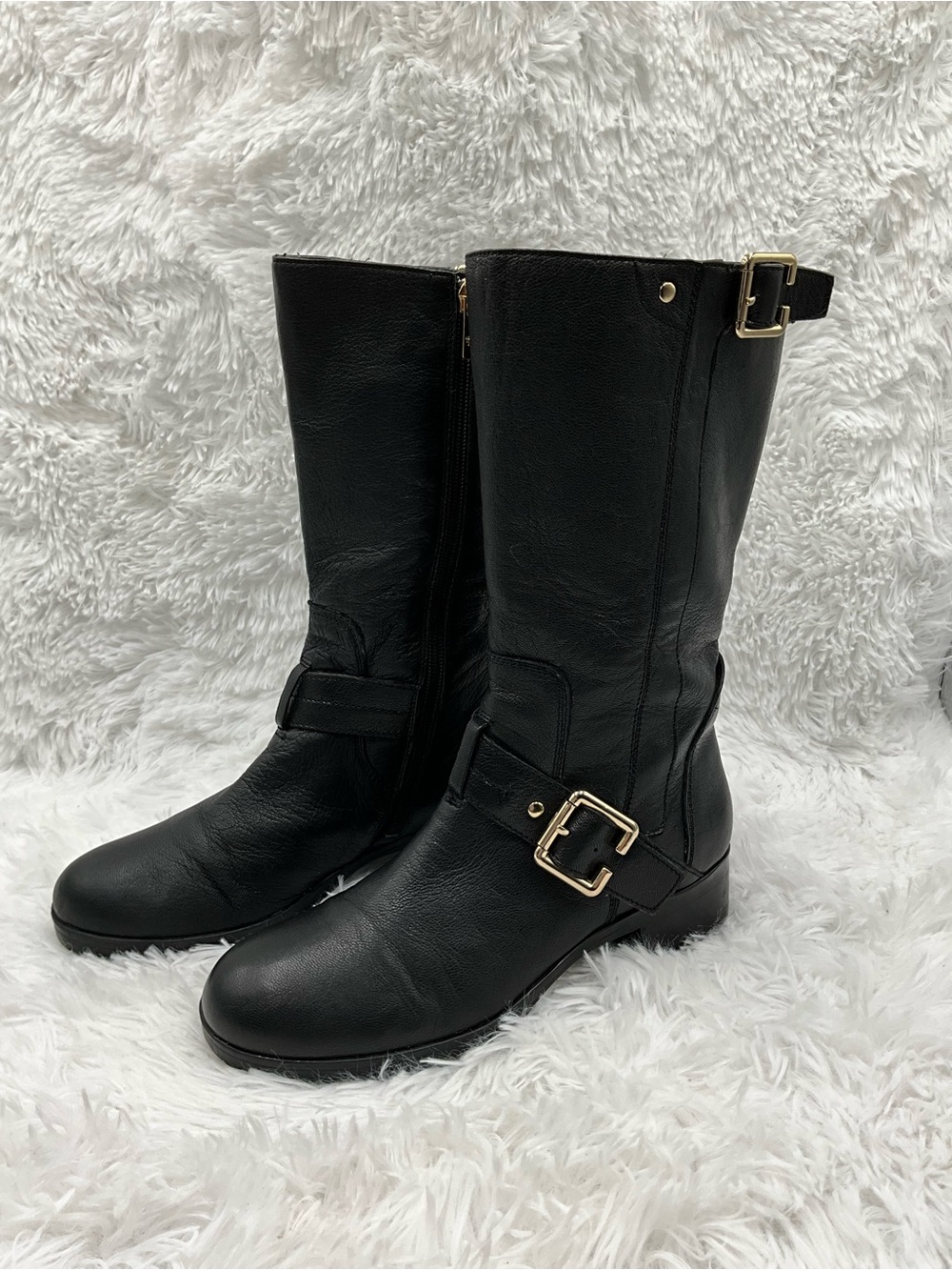 Marc Fisher Boots Size 6.5 Black Mid-Calf Lace-Up Buckle with Gold Hardware